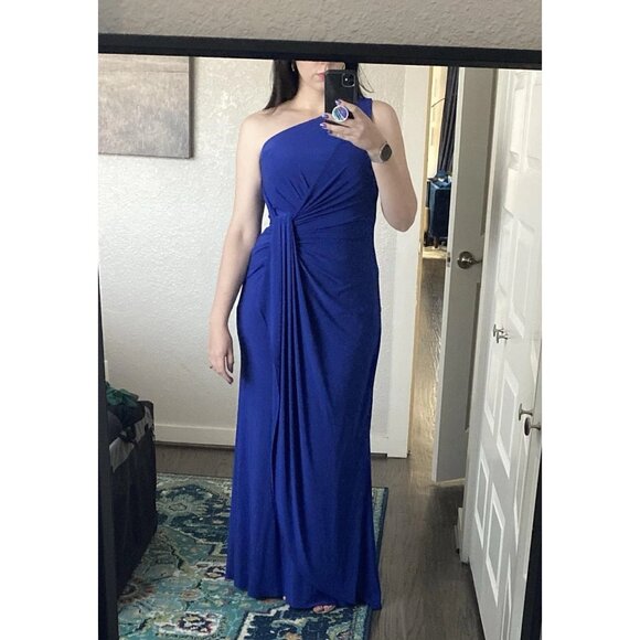 Adrianna Papell Size 12 Blue One Shoulder Jersey Maxi Dress Gown Cocktail Formal - Picture 2 of 11